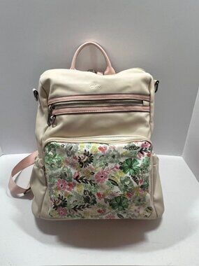 Cluci Cream/Pink w/Floral Front-Pocket Vegan Leather Backpack EUC